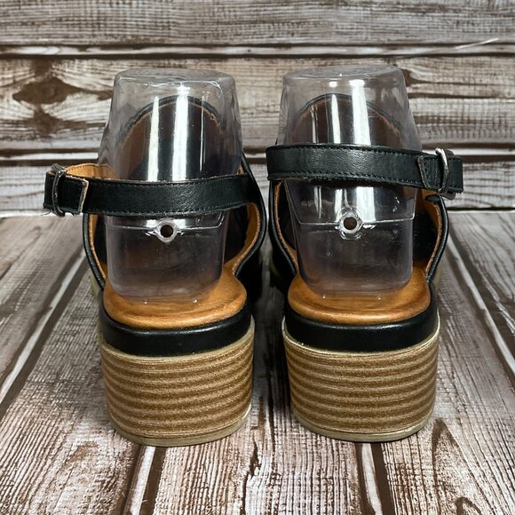 BONAVI SOFIA Womens 7.5 (EUR 38) Black Leather Wedge Ankle Strap Sandal Shoe EUC - Picture 5 of 9
